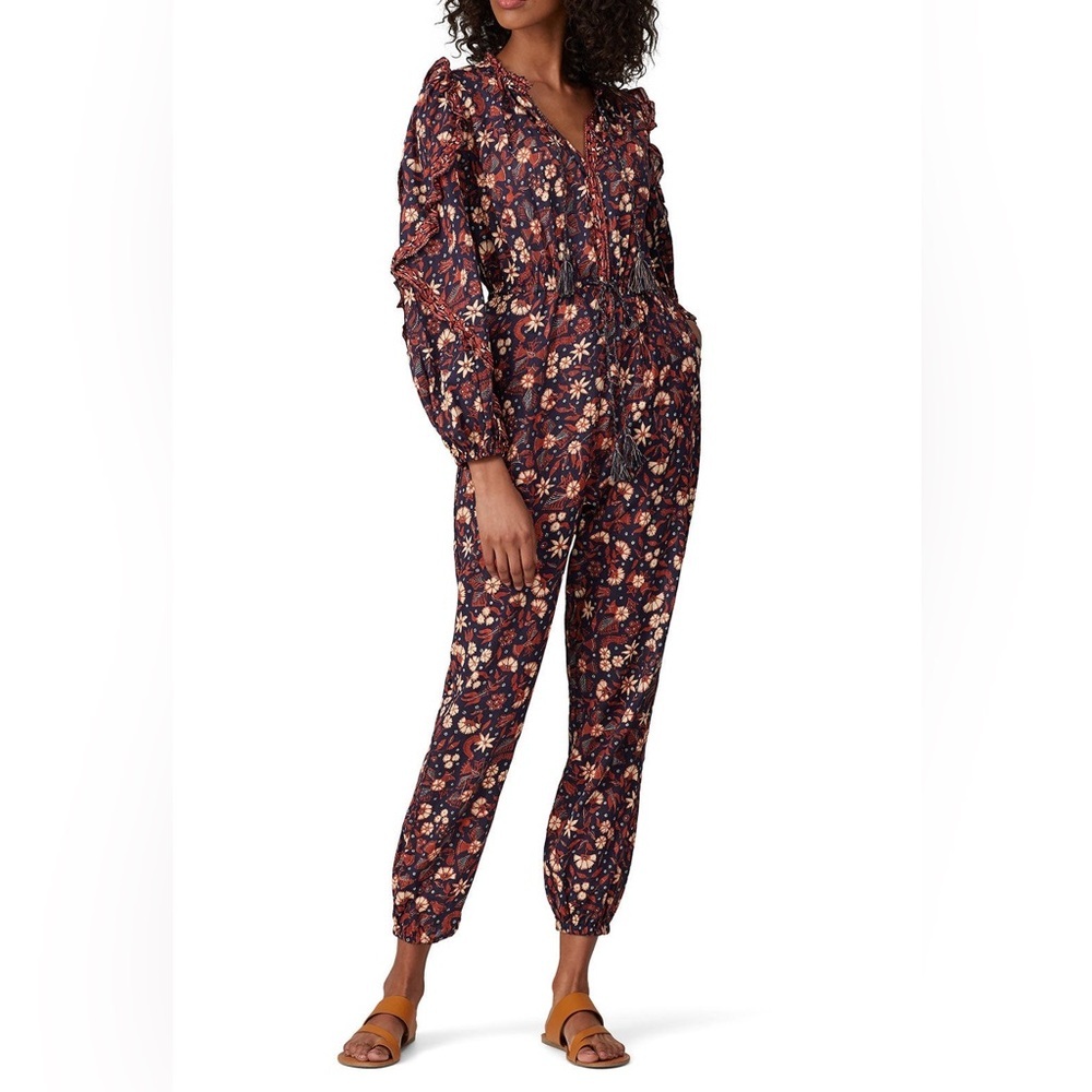 Ulla Johnson Delphine Floral Ruffle Jumpsuit Navy Blue Multi Color Floral Size 4